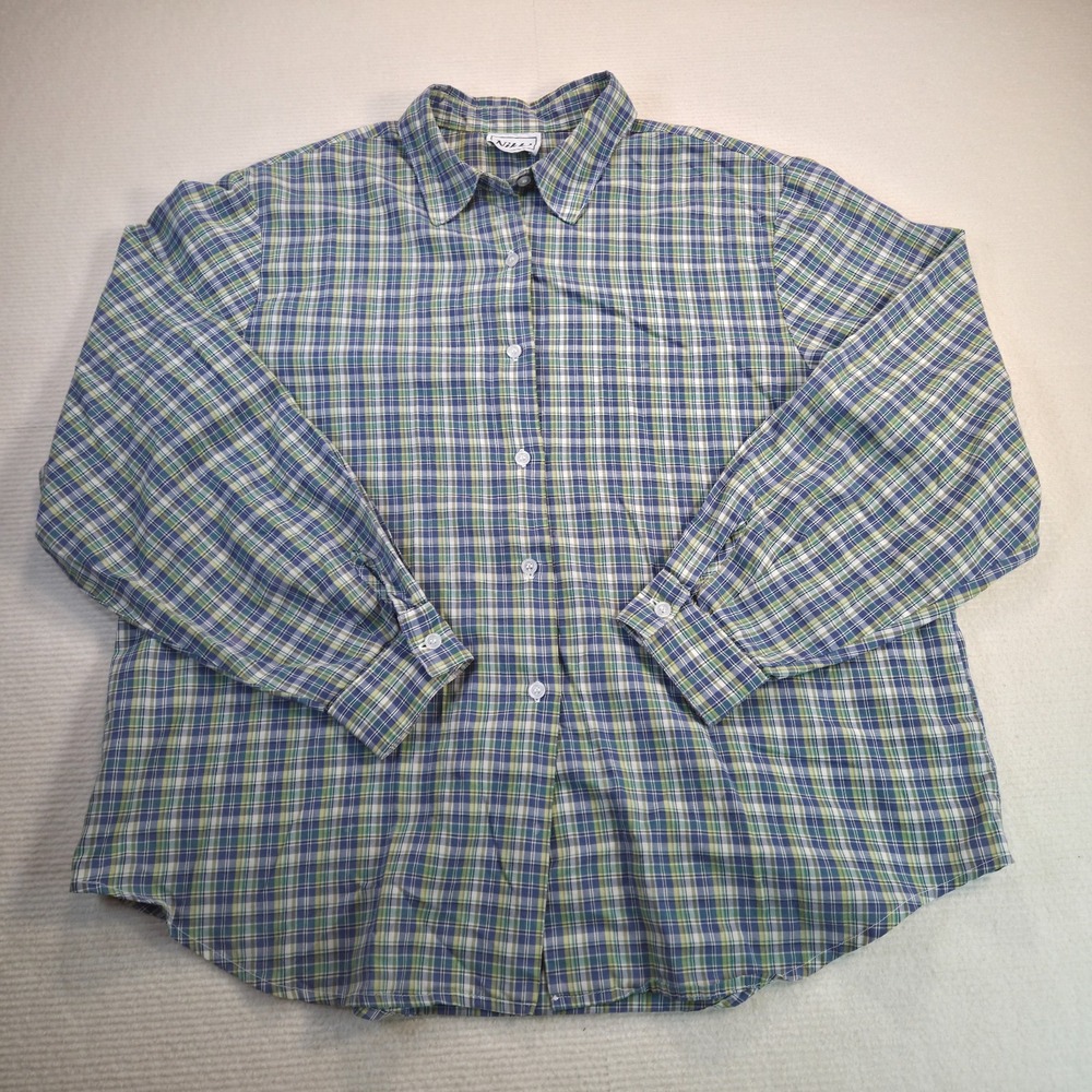 Nikki Womens Blue/Green Plaid Button Down Shirt - No Size Tag - measurement pic